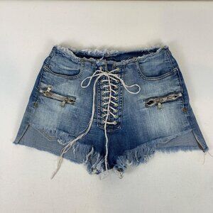 Unravel Project Lace Up Denim Shorts - Stylish Blue Shorts with Zipper Pockets
